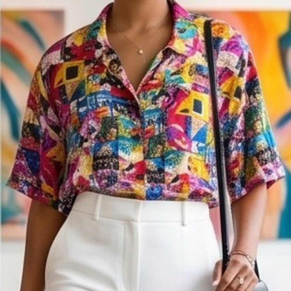 Silk House M Abstract Geometric Print Silk Button Down Shirt Multicolor Medium